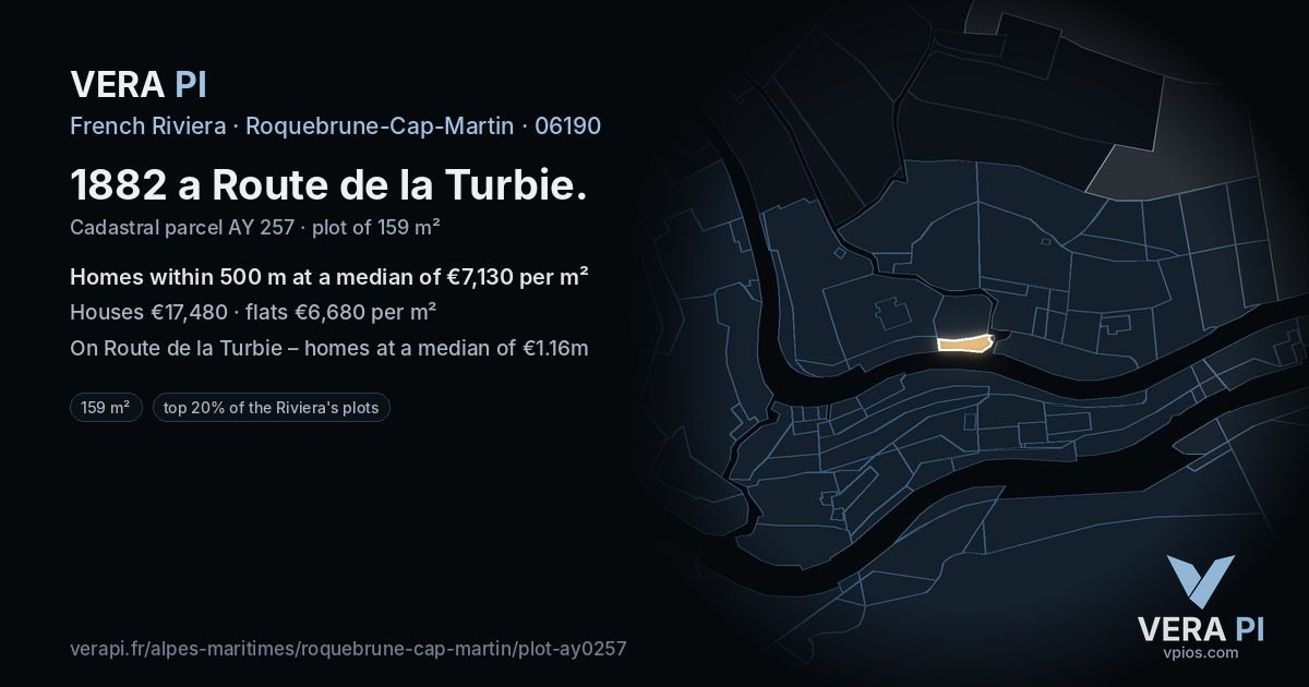 1882 a Route de la Turbie, Roquebrune-Cap-Martin at night – the plot lit, the parcels around coloured by the prices near them