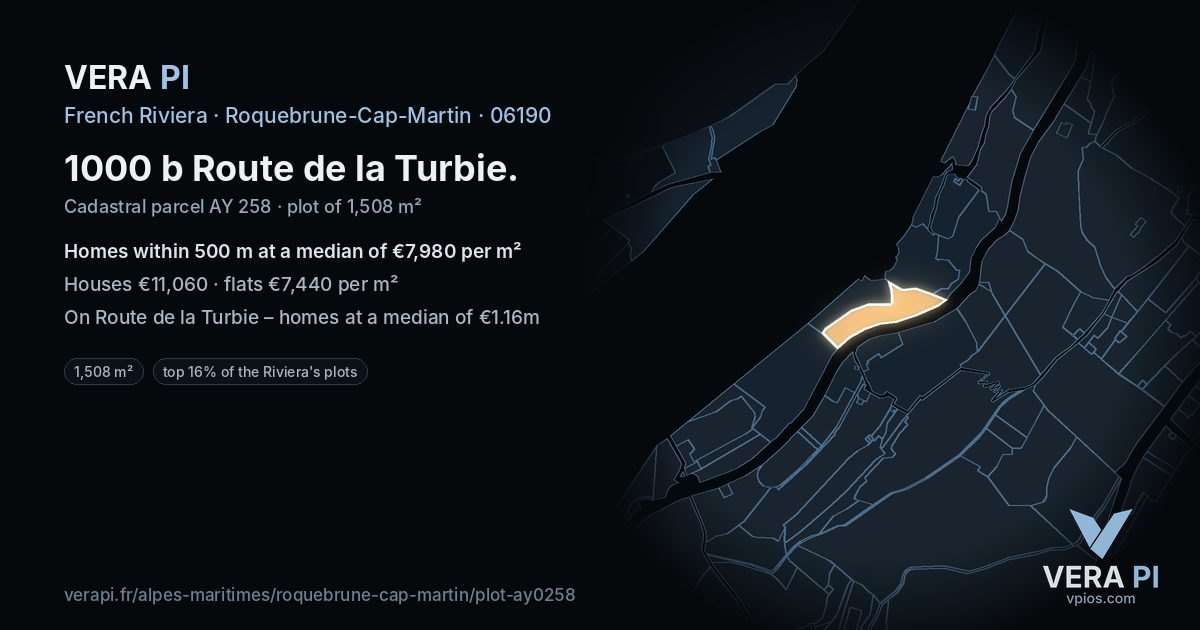 1000 b Route de la Turbie, Roquebrune-Cap-Martin at night – the plot lit, the parcels around coloured by the prices near them