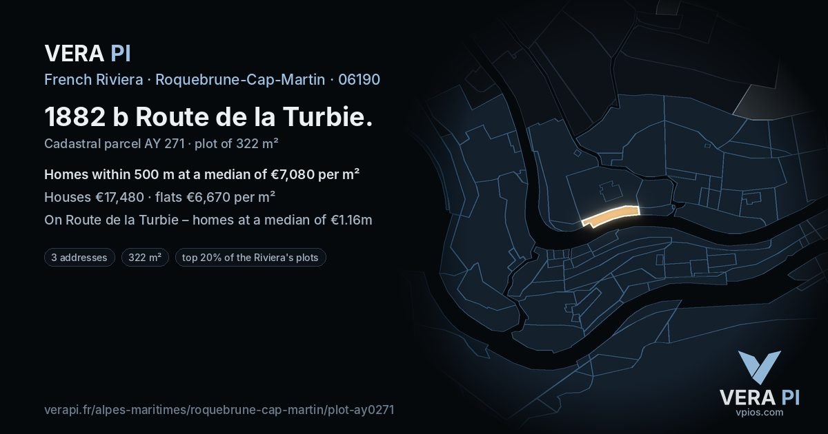 1882 b Route de la Turbie, Roquebrune-Cap-Martin at night – the plot lit, the parcels around coloured by the prices near them