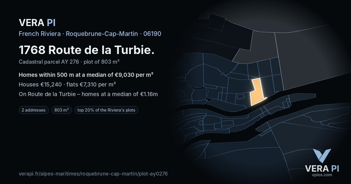 1768 Route de la Turbie, Roquebrune-Cap-Martin at night – the plot lit, the parcels around coloured by the prices near them