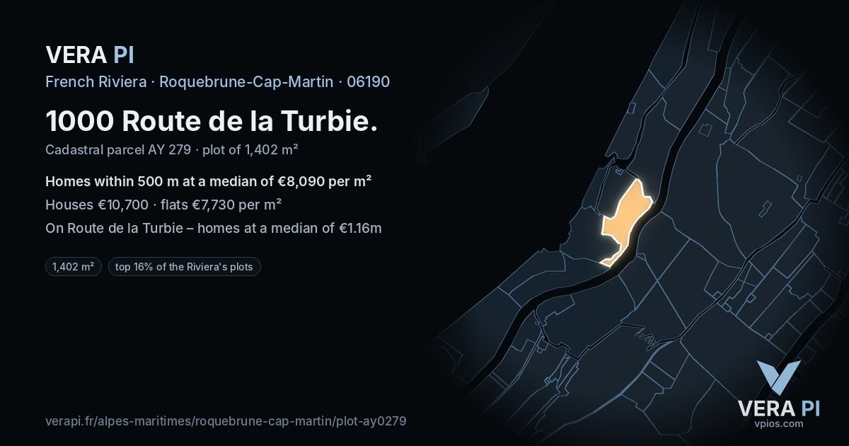 1000 Route de la Turbie, Roquebrune-Cap-Martin at night – the plot lit, the parcels around coloured by the prices near them