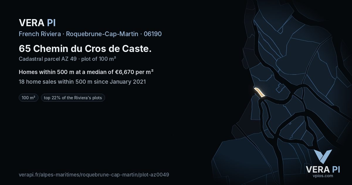 65 Chemin du Cros de Caste, Roquebrune-Cap-Martin at night – the plot lit, the parcels around coloured by the prices near them