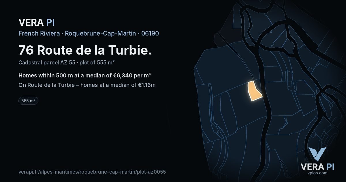 76 Route de la Turbie, Roquebrune-Cap-Martin at night – the plot lit, the parcels around coloured by the prices near them