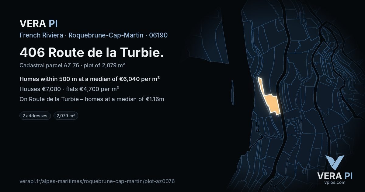 406 Route de la Turbie, Roquebrune-Cap-Martin at night – the plot lit, the parcels around coloured by the prices near them