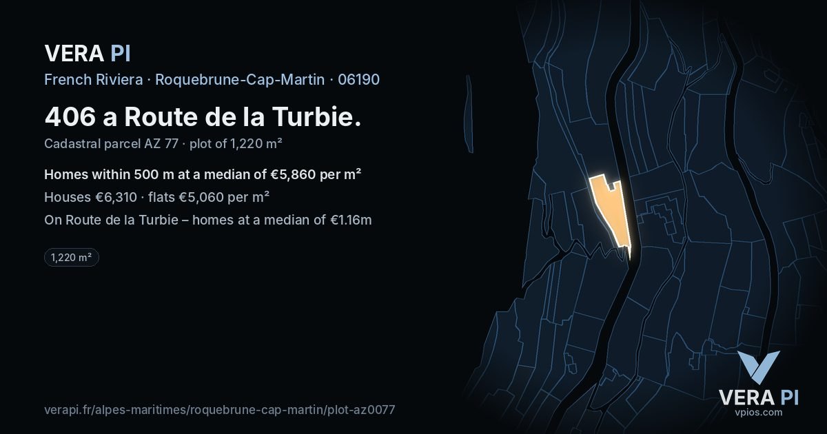 406 a Route de la Turbie, Roquebrune-Cap-Martin at night – the plot lit, the parcels around coloured by the prices near them