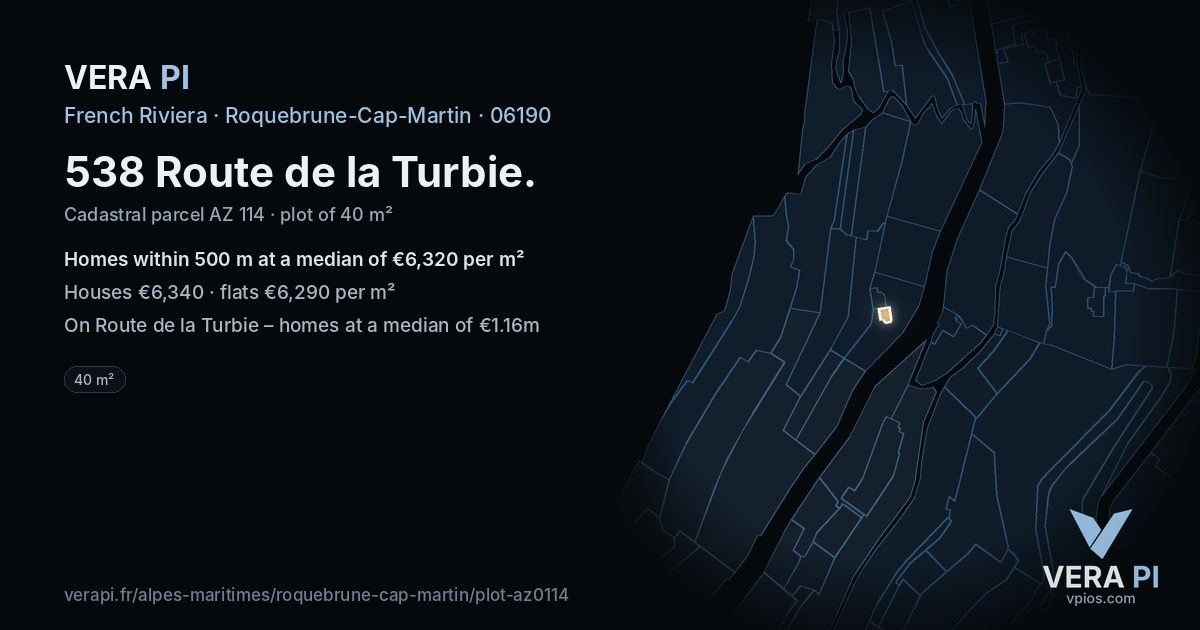 538 Route de la Turbie, Roquebrune-Cap-Martin at night – the plot lit, the parcels around coloured by the prices near them