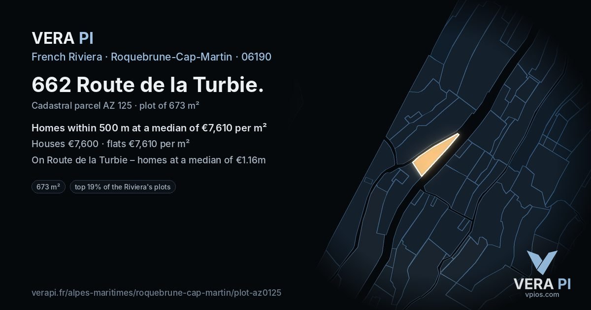 662 Route de la Turbie, Roquebrune-Cap-Martin at night – the plot lit, the parcels around coloured by the prices near them