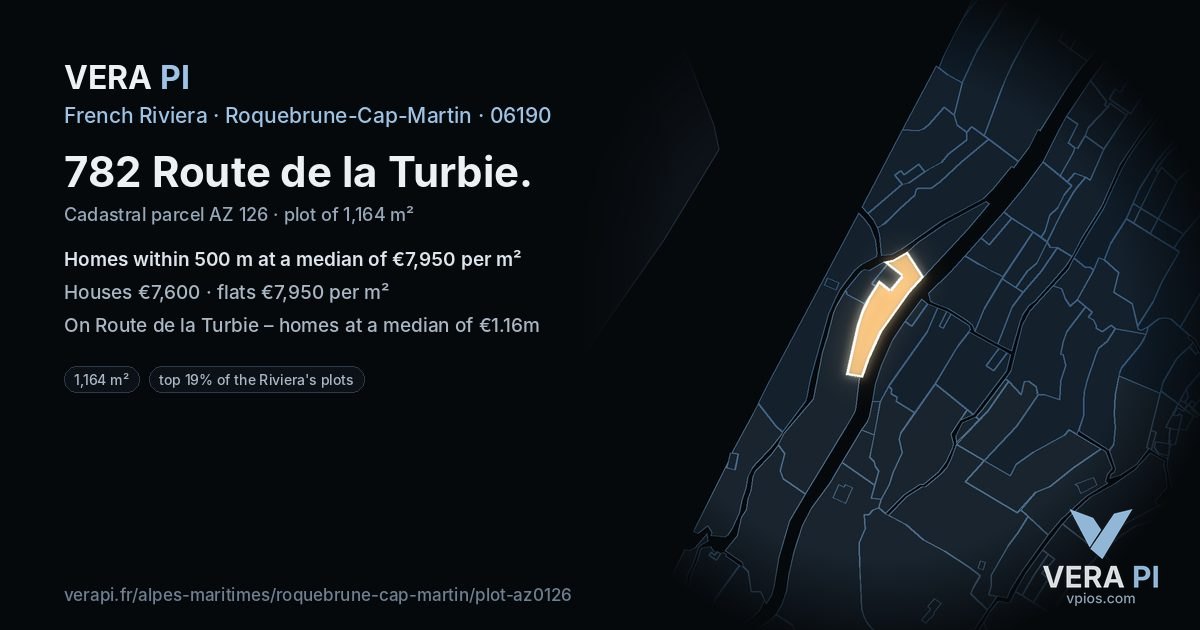 782 Route de la Turbie, Roquebrune-Cap-Martin at night – the plot lit, the parcels around coloured by the prices near them