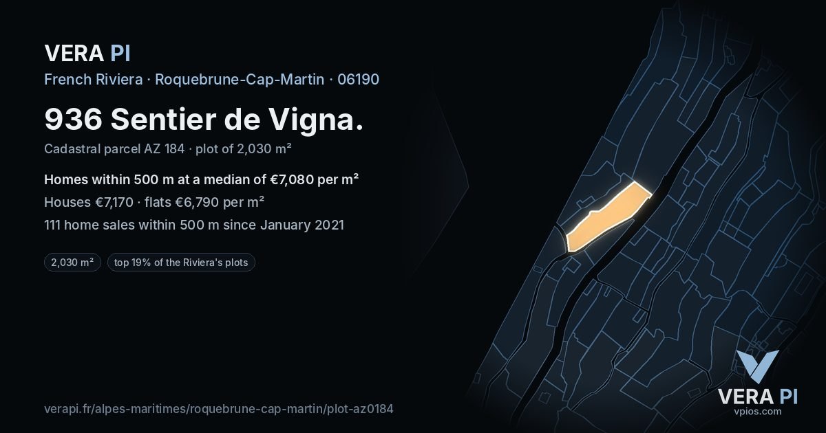 936 Sentier de Vigna, Roquebrune-Cap-Martin at night – the plot lit, the parcels around coloured by the prices near them