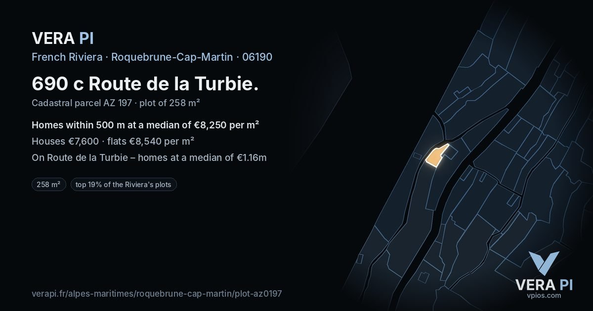 690 c Route de la Turbie, Roquebrune-Cap-Martin at night – the plot lit, the parcels around coloured by the prices near them