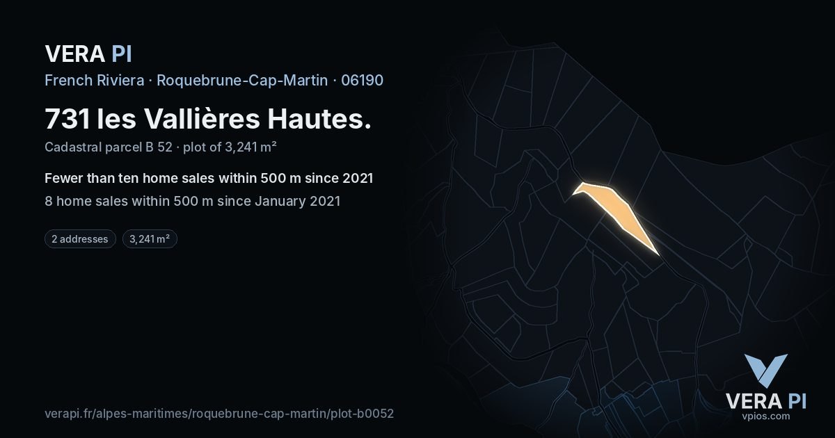 731 les Vallières Hautes, Roquebrune-Cap-Martin at night – the plot lit, the parcels around coloured by the prices near them