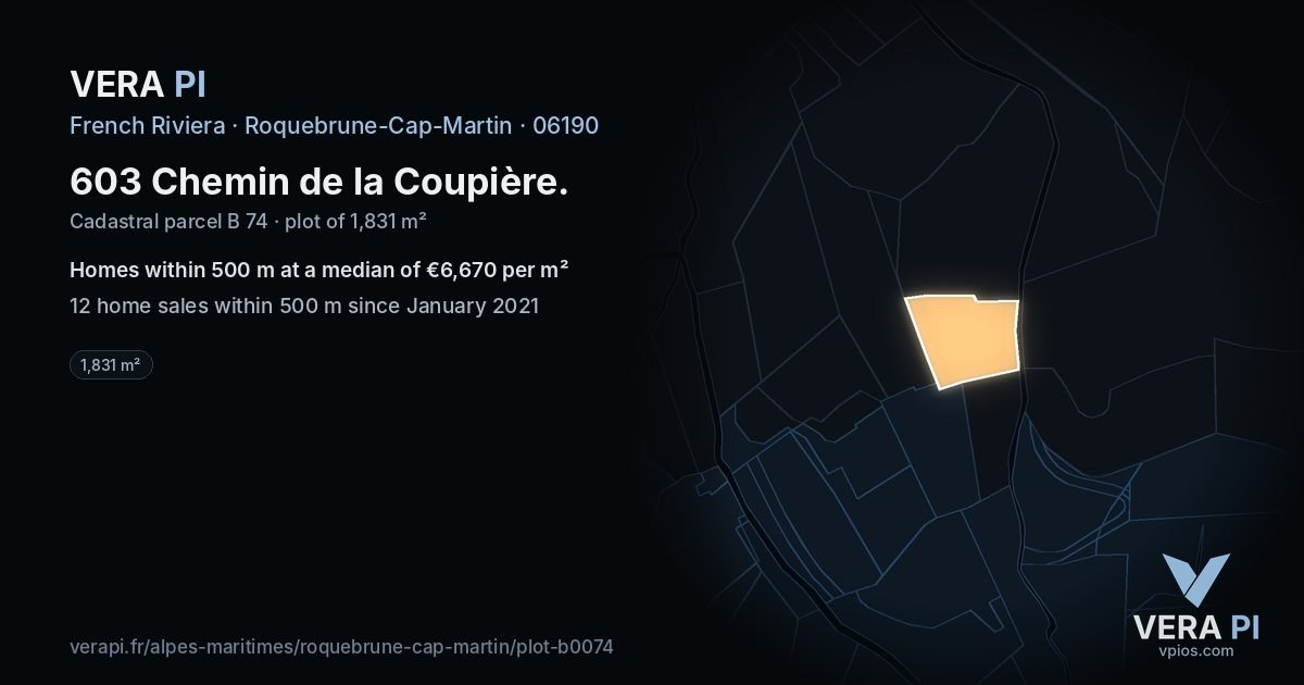 603 Chemin de la Coupière, Roquebrune-Cap-Martin at night – the plot lit, the parcels around coloured by the prices near them