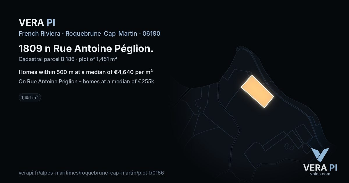 1809 n Rue Antoine Péglion, Roquebrune-Cap-Martin at night – the plot lit, the parcels around coloured by the prices near them