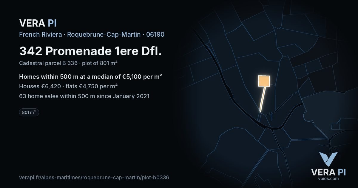 342 Promenade 1ere Dfl, Roquebrune-Cap-Martin at night – the plot lit, the parcels around coloured by the prices near them