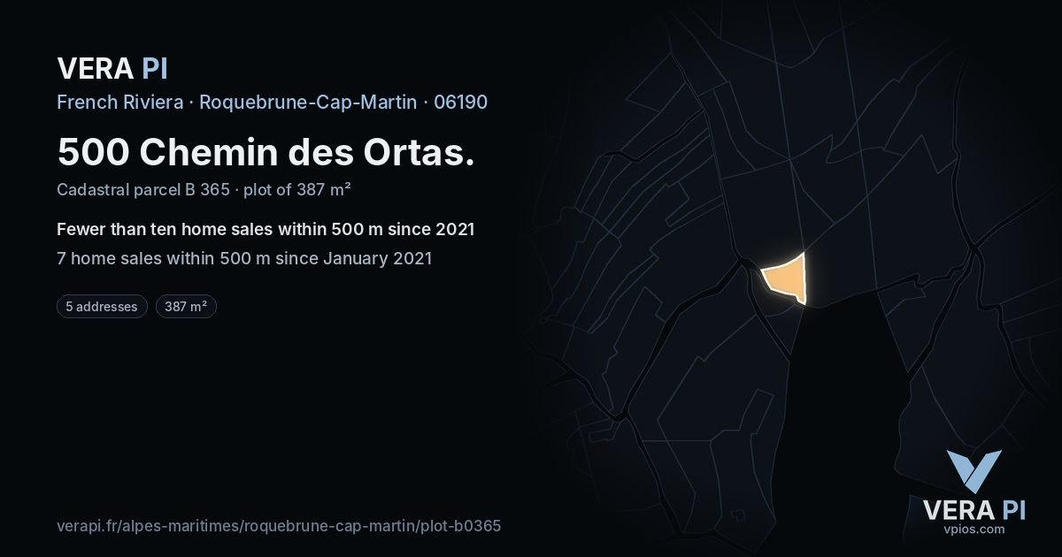 500 Chemin des Ortas, Roquebrune-Cap-Martin at night – the plot lit, the parcels around coloured by the prices near them