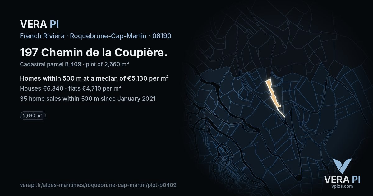 197 Chemin de la Coupière, Roquebrune-Cap-Martin at night – the plot lit, the parcels around coloured by the prices near them