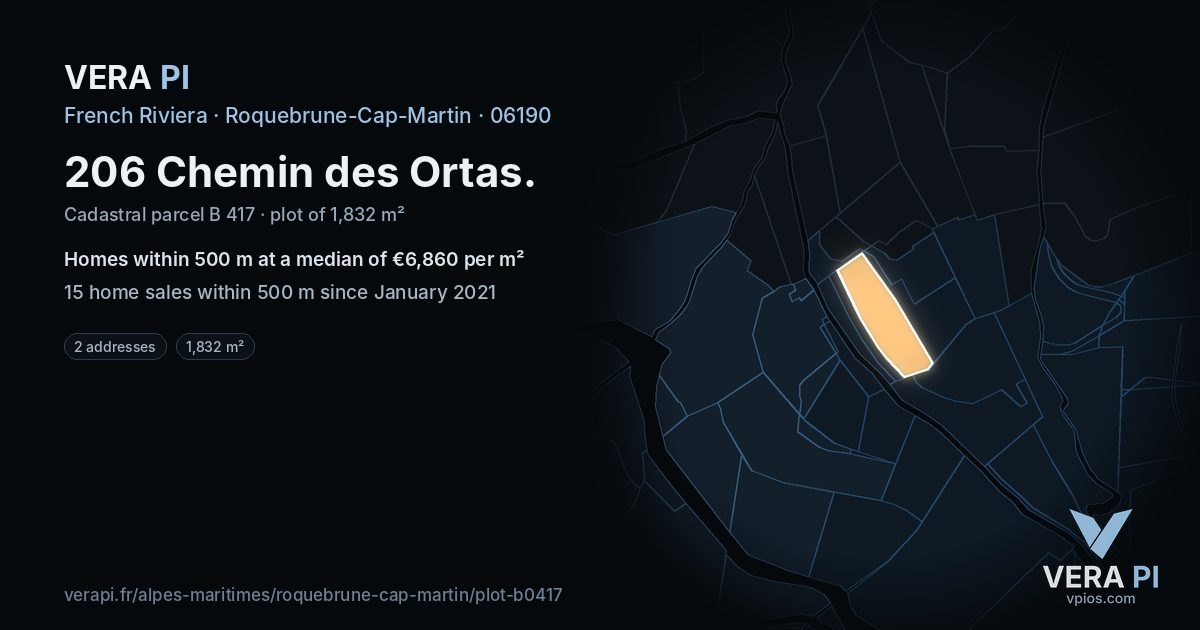 206 Chemin des Ortas, Roquebrune-Cap-Martin at night – the plot lit, the parcels around coloured by the prices near them