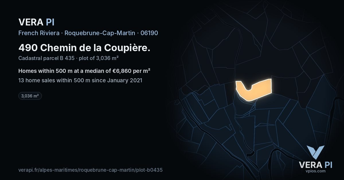 490 Chemin de la Coupière, Roquebrune-Cap-Martin at night – the plot lit, the parcels around coloured by the prices near them