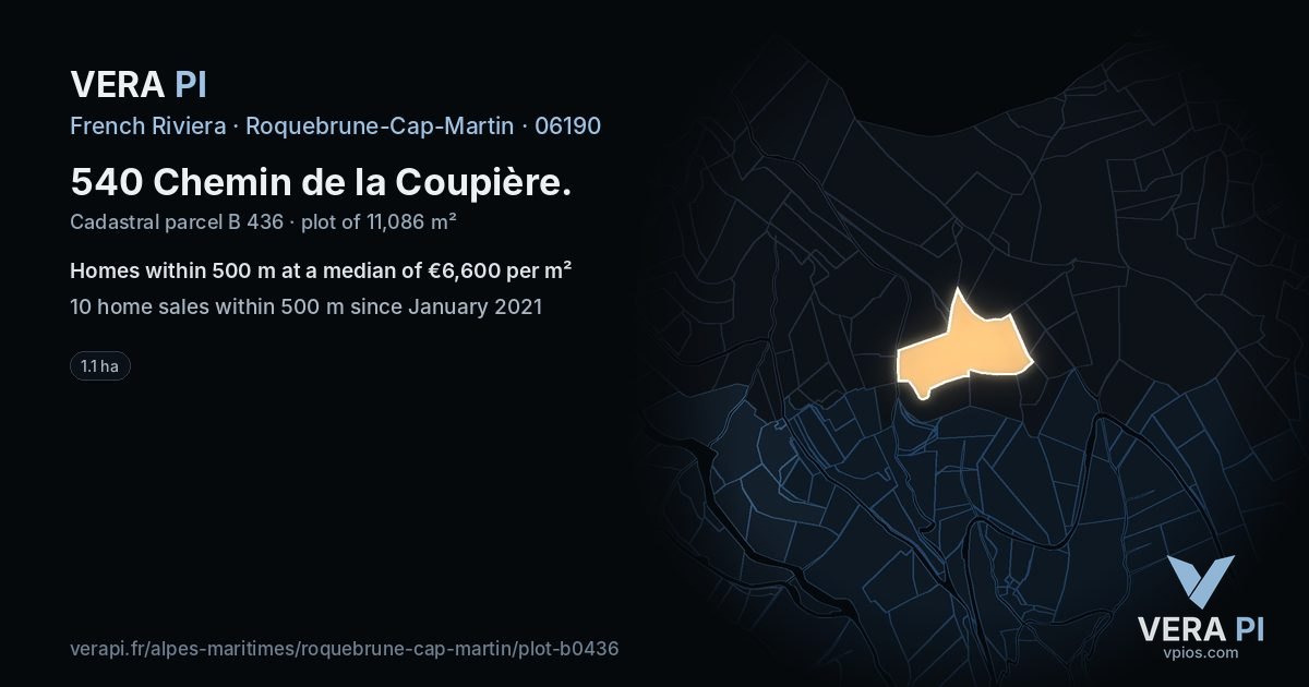 540 Chemin de la Coupière, Roquebrune-Cap-Martin at night – the plot lit, the parcels around coloured by the prices near them