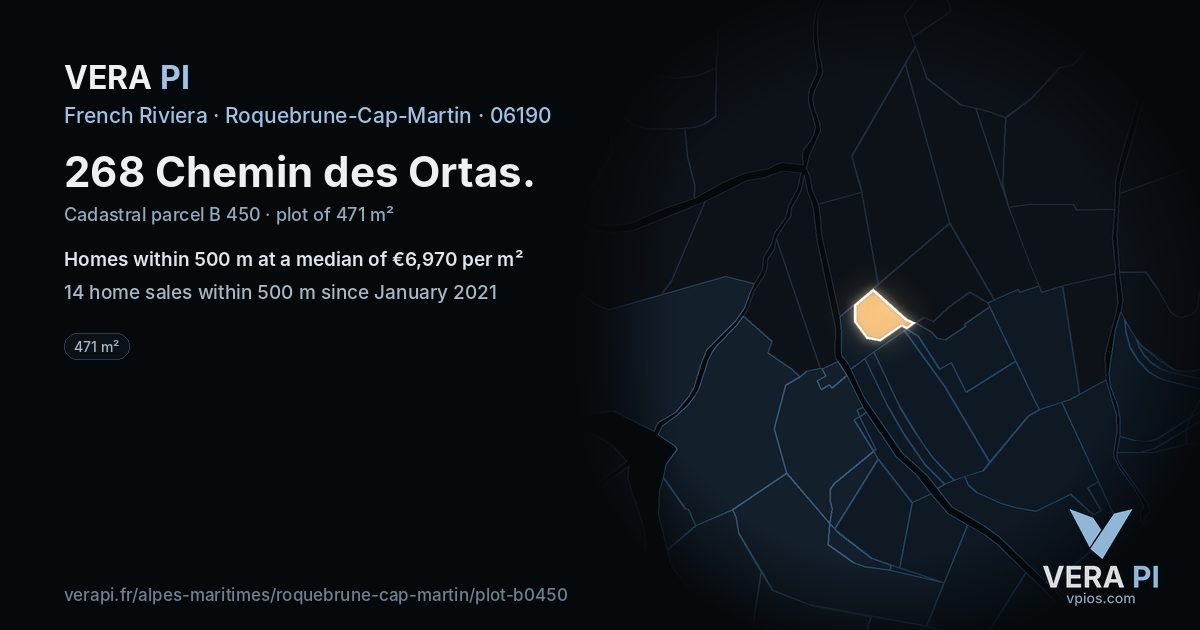268 Chemin des Ortas, Roquebrune-Cap-Martin at night – the plot lit, the parcels around coloured by the prices near them