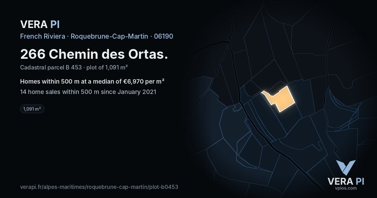 266 Chemin des Ortas, Roquebrune-Cap-Martin at night – the plot lit, the parcels around coloured by the prices near them