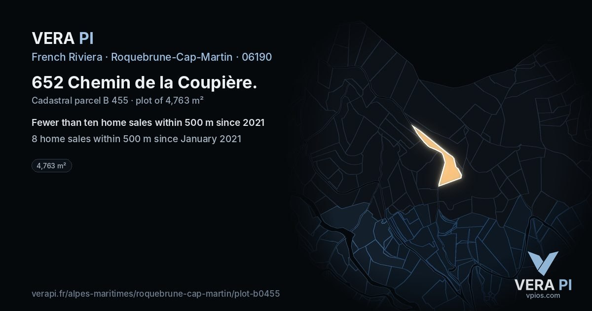 652 Chemin de la Coupière, Roquebrune-Cap-Martin at night – the plot lit, the parcels around coloured by the prices near them