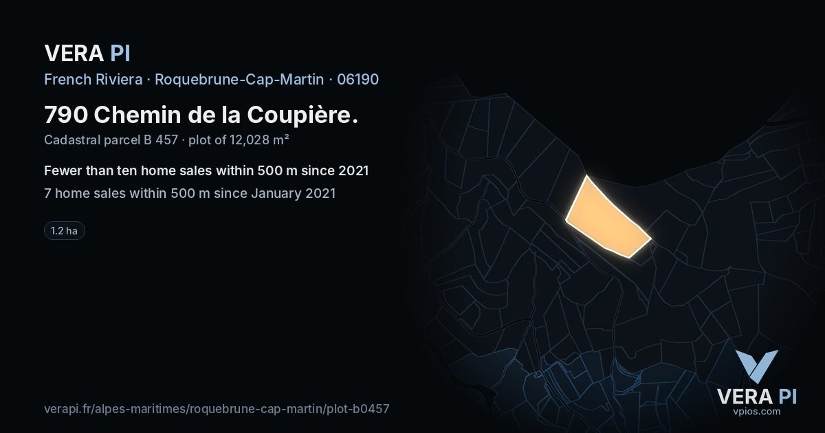 790 Chemin de la Coupière, Roquebrune-Cap-Martin at night – the plot lit, the parcels around coloured by the prices near them