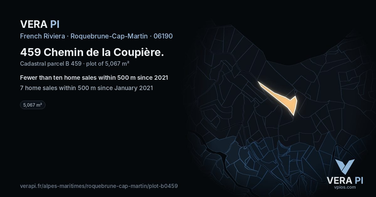 459 Chemin de la Coupière, Roquebrune-Cap-Martin at night – the plot lit, the parcels around coloured by the prices near them