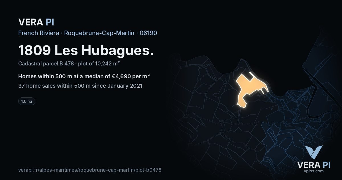 1809 Les Hubagues, Roquebrune-Cap-Martin at night – the plot lit, the parcels around coloured by the prices near them