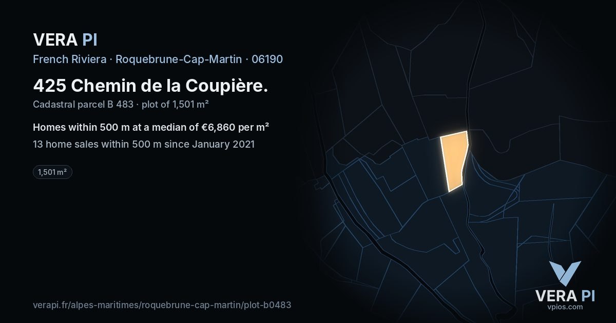 425 Chemin de la Coupière, Roquebrune-Cap-Martin at night – the plot lit, the parcels around coloured by the prices near them