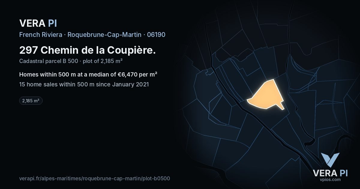 297 Chemin de la Coupière, Roquebrune-Cap-Martin at night – the plot lit, the parcels around coloured by the prices near them