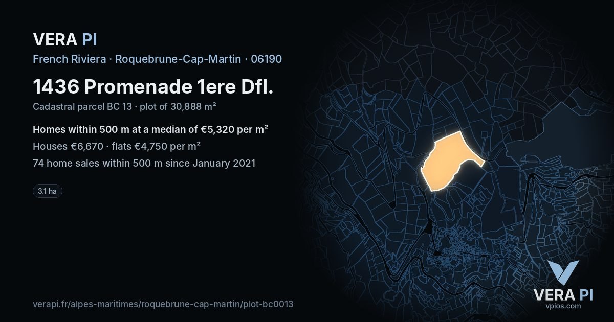1436 Promenade 1ere Dfl, Roquebrune-Cap-Martin at night – the plot lit, the parcels around coloured by the prices near them