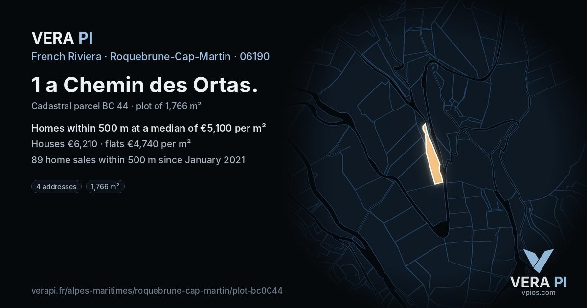 1 a Chemin des Ortas, Roquebrune-Cap-Martin at night – the plot lit, the parcels around coloured by the prices near them