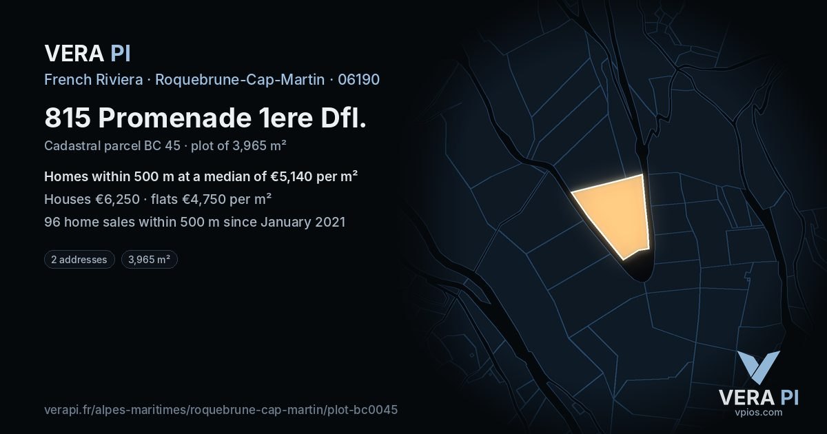815 Promenade 1ere Dfl, Roquebrune-Cap-Martin at night – the plot lit, the parcels around coloured by the prices near them
