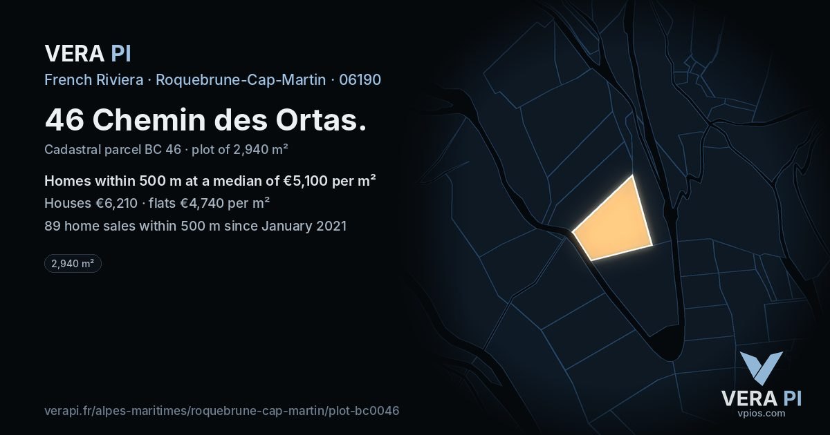 46 Chemin des Ortas, Roquebrune-Cap-Martin at night – the plot lit, the parcels around coloured by the prices near them