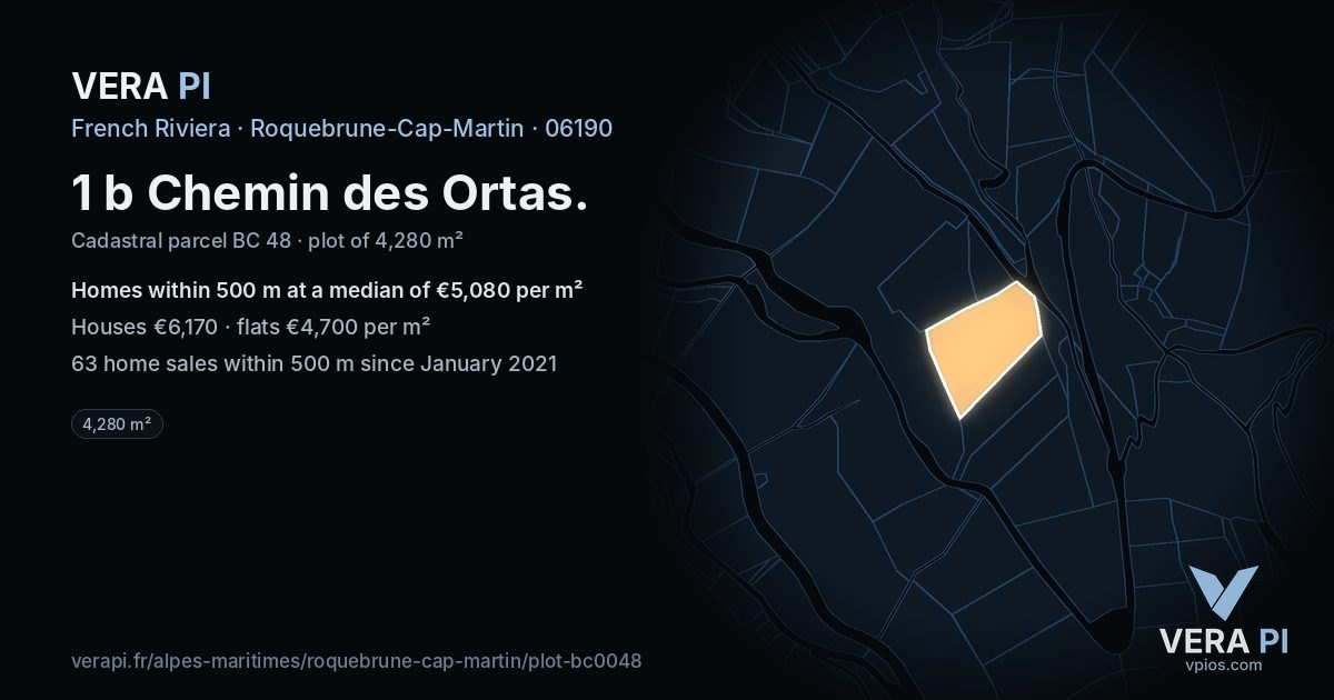 1 b Chemin des Ortas, Roquebrune-Cap-Martin at night – the plot lit, the parcels around coloured by the prices near them