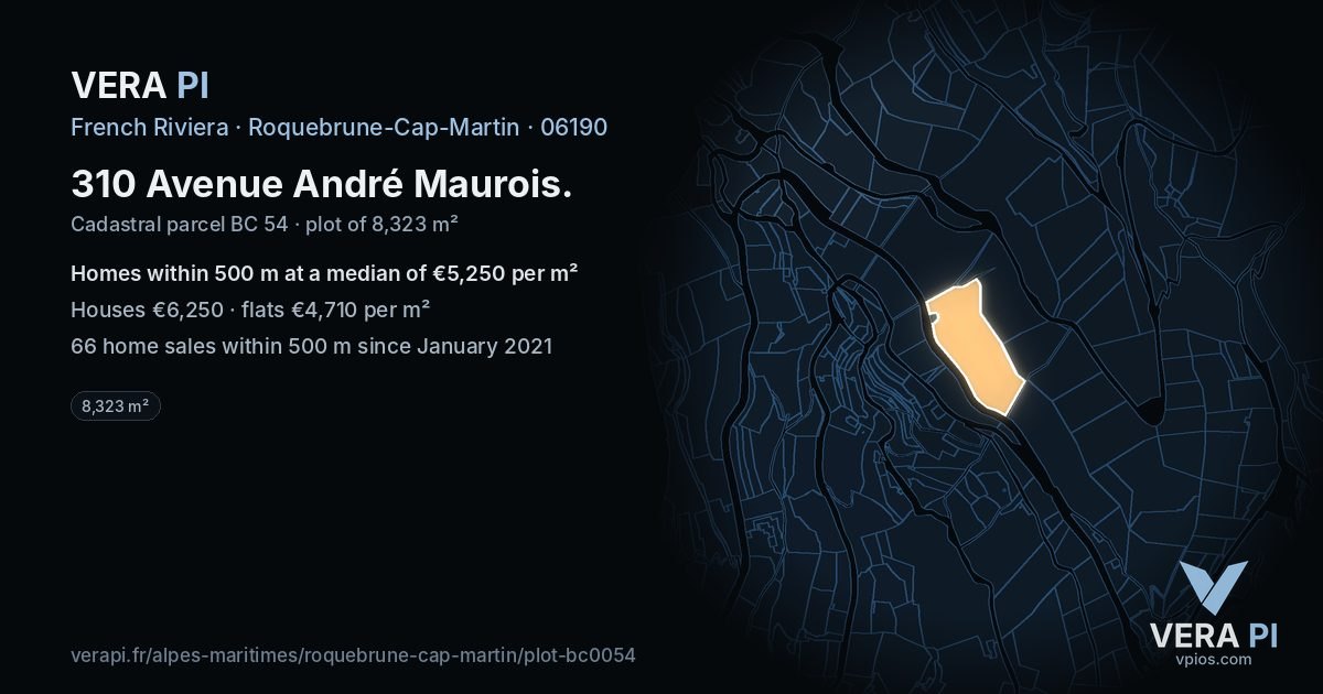 310 Avenue André Maurois, Roquebrune-Cap-Martin at night – the plot lit, the parcels around coloured by the prices near them