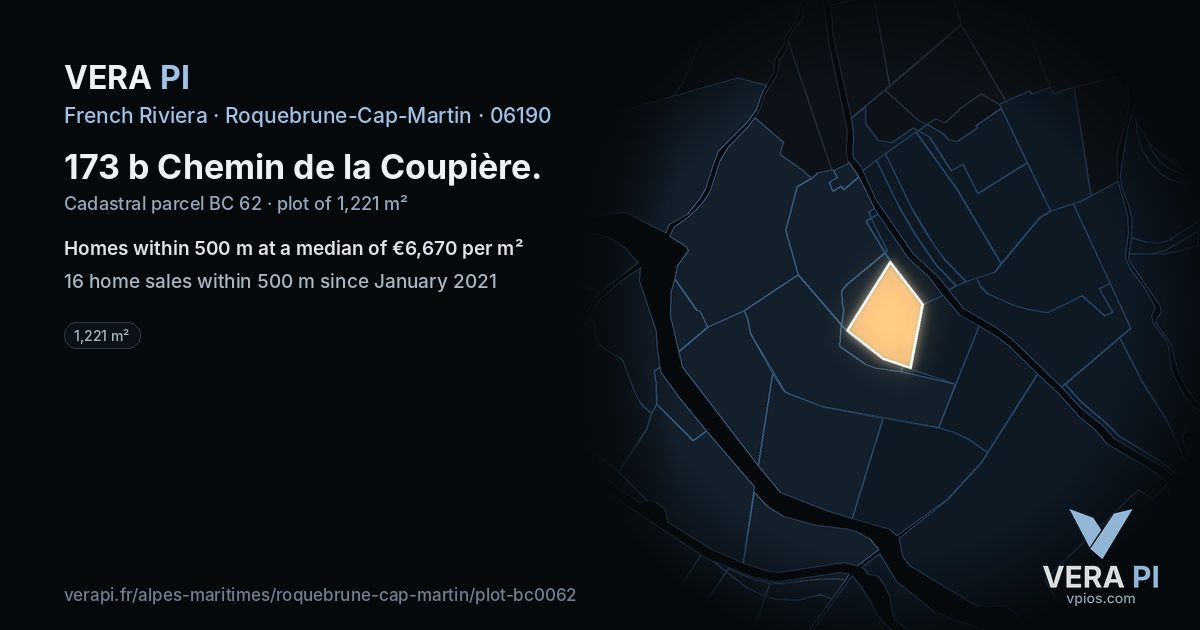 173 b Chemin de la Coupière, Roquebrune-Cap-Martin at night – the plot lit, the parcels around coloured by the prices near them