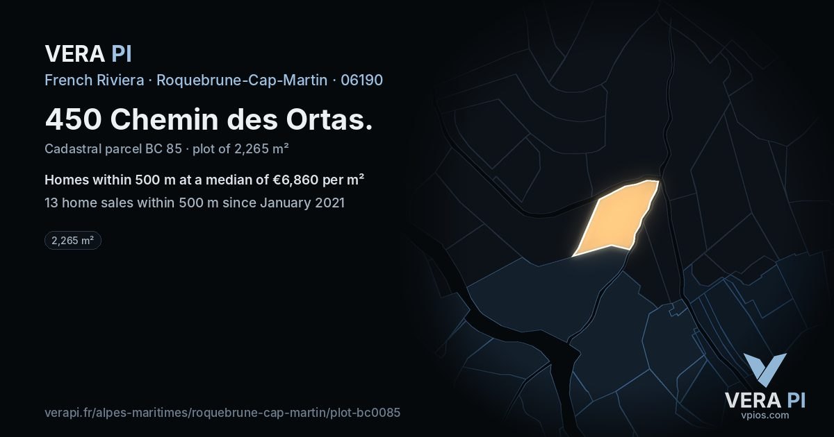 450 Chemin des Ortas, Roquebrune-Cap-Martin at night – the plot lit, the parcels around coloured by the prices near them