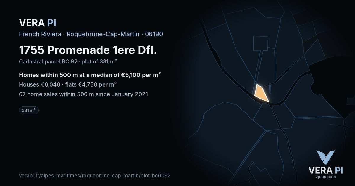 1755 Promenade 1ere Dfl, Roquebrune-Cap-Martin at night – the plot lit, the parcels around coloured by the prices near them