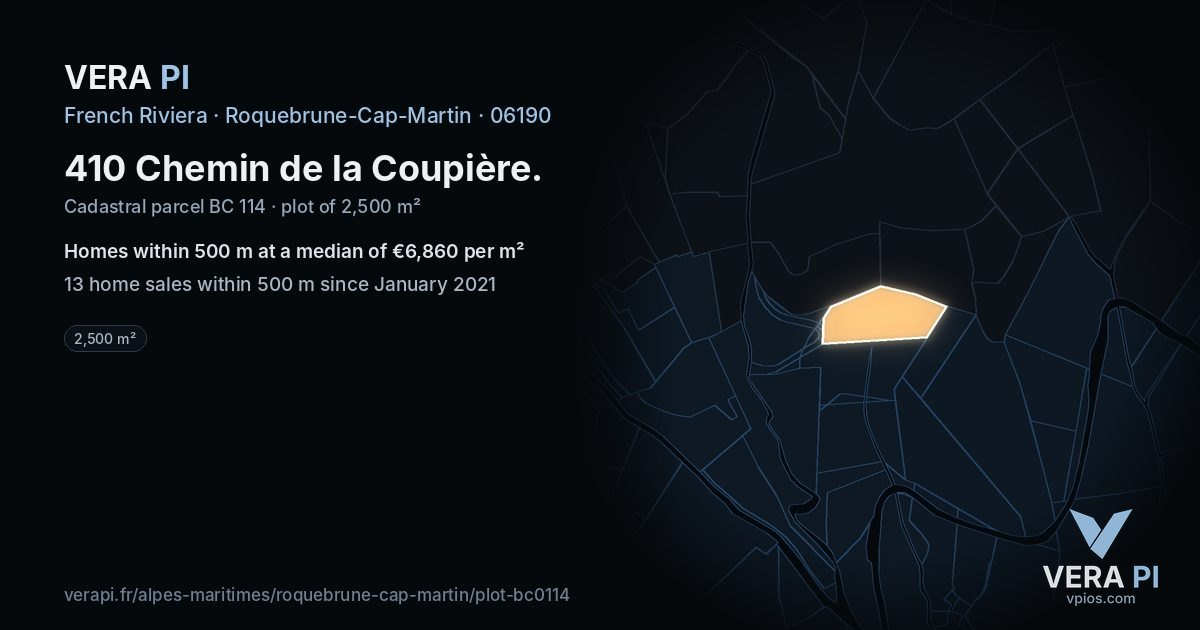 410 Chemin de la Coupière, Roquebrune-Cap-Martin at night – the plot lit, the parcels around coloured by the prices near them
