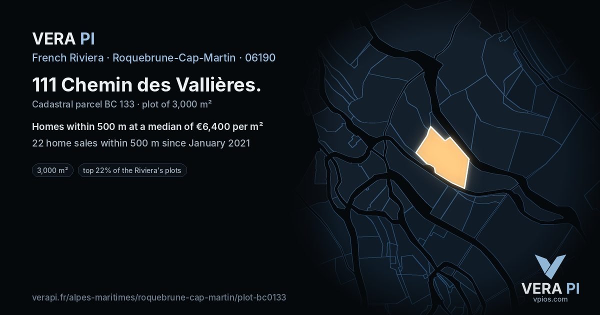 111 Chemin des Vallières, Roquebrune-Cap-Martin at night – the plot lit, the parcels around coloured by the prices near them