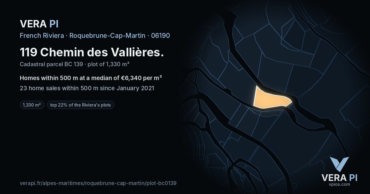 119 Chemin des Vallières, Roquebrune-Cap-Martin at night – the plot lit, the parcels around coloured by the prices near them