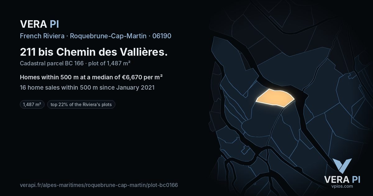 211 bis Chemin des Vallières, Roquebrune-Cap-Martin at night – the plot lit, the parcels around coloured by the prices near them