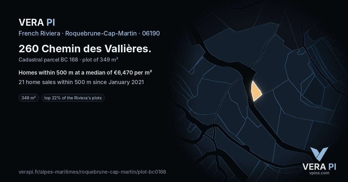 260 Chemin des Vallières, Roquebrune-Cap-Martin at night – the plot lit, the parcels around coloured by the prices near them