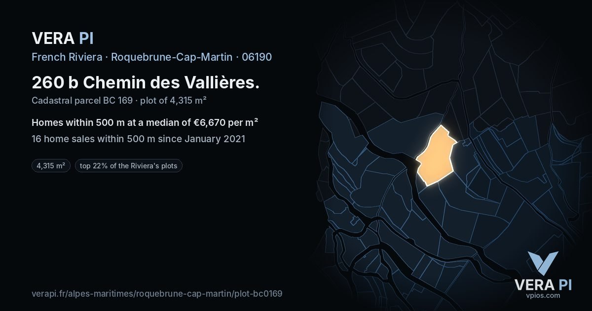 260 b Chemin des Vallières, Roquebrune-Cap-Martin at night – the plot lit, the parcels around coloured by the prices near them