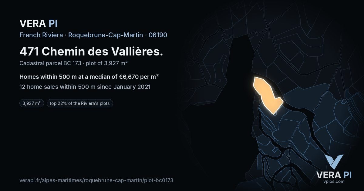 471 Chemin des Vallières, Roquebrune-Cap-Martin at night – the plot lit, the parcels around coloured by the prices near them