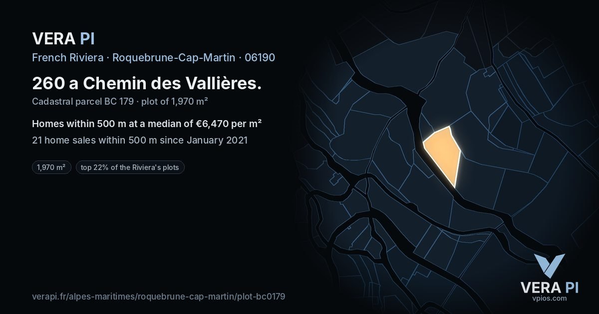 260 a Chemin des Vallières, Roquebrune-Cap-Martin at night – the plot lit, the parcels around coloured by the prices near them