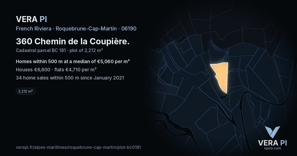 360 Chemin de la Coupière, Roquebrune-Cap-Martin at night – the plot lit, the parcels around coloured by the prices near them
