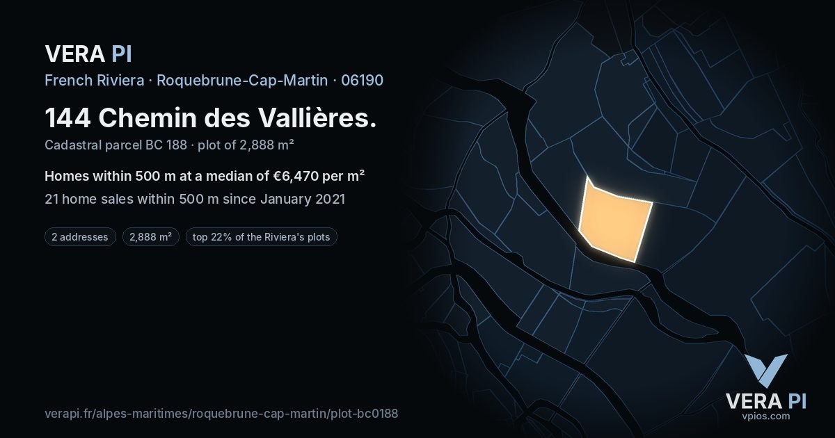 144 Chemin des Vallières, Roquebrune-Cap-Martin at night – the plot lit, the parcels around coloured by the prices near them